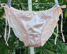 VTG Pink Satin Panty Side Tie Bikini Soft Nylon Spandex Brief Sz. 7-8 Hip 39-43"