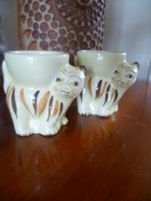 2 Vintage KSP Keele Street Staffordshire Pottery Smug Cheeky Tom Cat Egg Cups