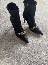 Zara Black Ankle Boot Heels Size 6 Gold Chain detail Pointed Toe Elegant Style 