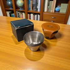 set of 4 new boxed Stirrup Cups including tan leather case 
