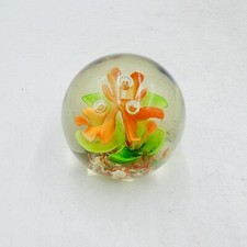 Vintage MURANO STYLE Art Glass Paperweight Orange Red Flower Lampwork 14oz