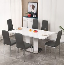 Dining Table Set Rectangular White High Gloss 6 Seater and 6 Faux Leather Chairs