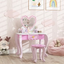 Kids Dressing Table Set, Heart-Themed Vanity Table with Stool, Mirror, Drawer
