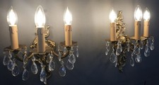 VINTAGE Victorian 3 Arms Solid Brass Czech Crystal Pair of Applique Sconces