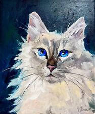 Original Oil Painting Burmese cat Tabby White Cat Portrait Impression Kitten Art