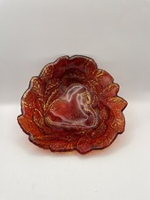 Indiana Glass Bowl Ruby Red Dish Logan Berry Leaves 7"x2" Holiday Server VTG
