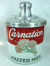 Carnation Malted Milk enamel Porcelain soda fountain canister dispenser w lid
