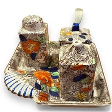 Antique S Hancock & Sons Corona Ware Rosetta Cruet Set & Tray, Original Spoon