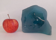 Large Vintage signed "Siku" Etched wolf wolves sea green glass paperweight