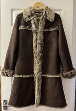 M &S Ladies Afghan style Coat size 12 faux suede + fur lined Long Length brown 