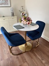 Lovely Marble Top bistro Table And 2 blue Velvet Chairs With gold Base All New