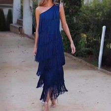 Women One Shoulder Long Flapper Dress Evening Party Tassels Sexy Fringed Dresses