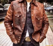 Mens Genuine sheepskin Leather Jacket Shirt Distress Brown Vintage Biker Jacket