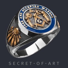 Masonic Ring Freemason F AM Free Accepted Mason 925 Silver 18K-Gold-Plating