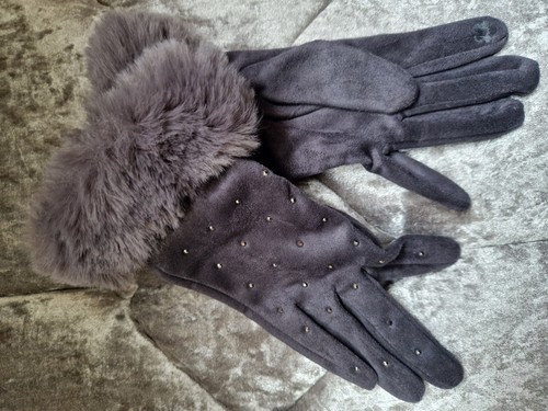 Ladies grey velvet gloves with - ladies,