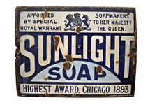 Antique Porcelain Sunlight Soap Enamel Sign 20x15" Royal Warrant 1893 Wolverhamp