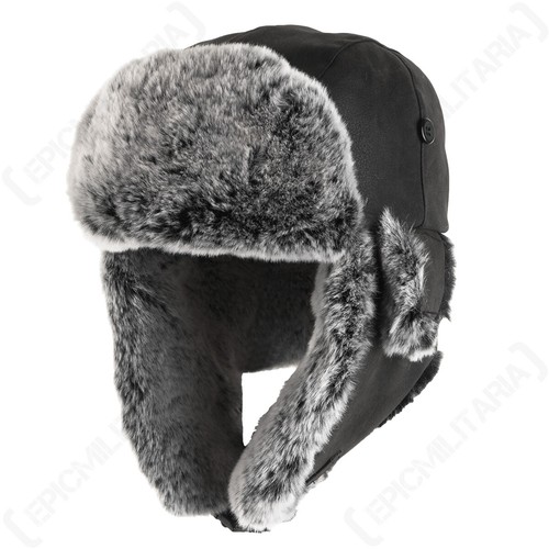 Black faux leather ushanka - leather,