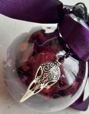 Witch ball, rose, purple ribbon, crow skull, pagan/gift/protection, Yule decor