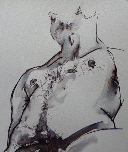 Ink drawing male looking - up, at
