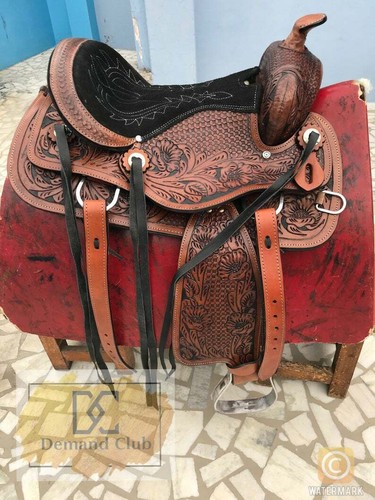 Western leather saddle - leather, horse