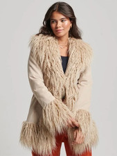 Superdry Cream Afghan Coat Penny Lane Boho Sz 16 Faux Fur Winter Jacket Hippie