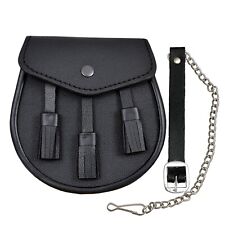 Scottish Black LEATHER Kilt SPORRAN and Belt 3 Tassels leather sporran