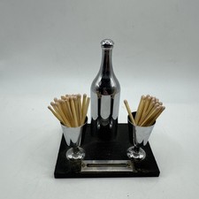 Art Deco Cocktail Lighter • Chrome Drink Bottle & 2 Glasses • Black Metal Base