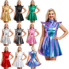 UK Women Holographic Shiny A-line Dress Metallic Flare Dresses Rave Halloween 