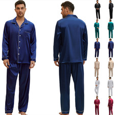UK Set Mens Satin Silk Pajamas Suit Dressing Gown Summer Pjs Loungewear Pyjama