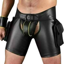 Genuine Leather Chaps Shorts for Men Cargo Pockets Gay Clubwear Fetish Style