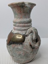 Studio Art Pottery Vase Metal Accents Handmade Earth Tone Handles With Rings Vtg