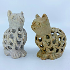 Cat Figurine Handmade Carved Soapstone Mother Cat with Kitten inside India