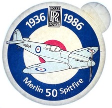 Rolls Royce Spitfire Merlin Engine 50 Years Airline Window Sticker 1936 - 1986