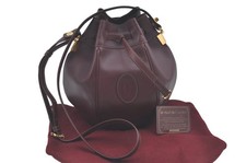Authentic Cartier Must de Cartier Leather Drawstring Shoulder Bag Bordeaux 2393N