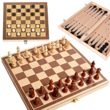 3 in 1 Wooden Chess Game Set Checkers and Backgammon Folding Box Storage
