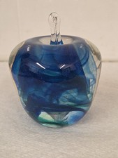 Vintage Adrian Sankey Ambleside Blue / Green Glass Apple Paperweight 3.4"