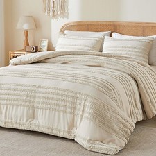 Boho Comforter Set Queen Size, Beige Tufted Striped Bed Set 3 Pieces, Soft Vi...