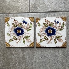 2 Vintage Ceramic Tiles Floral Blue Decorative 6” x 6”