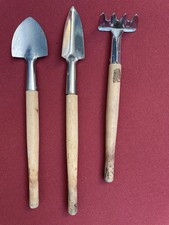 3 Vtg Little Wooden Miniature Garden Tools Indoor Potted House Plant Rake Shovel