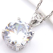 Gorgeous Shiny Lady Round Natural White Fire Topaz Silver Necklace Pendants