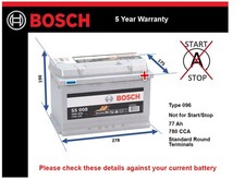 Car Battery S5008 Bosch 096 780A 77Ah 5Yr Warranty 278x175x190