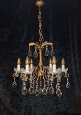 Fabulous Antique French 6 Arm Heavy Brass Crystal Leaf Chandelier Ceiling Light