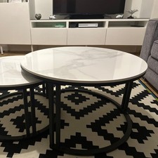 Round Nesting Coffee Table Gloss White Marble Slate Top Accent Tables Livingroom