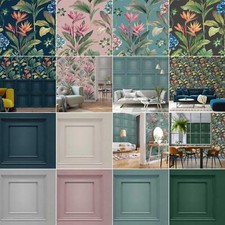 Floral & Wood Panel Wallpaper Belgravia Oliana - Various Colours