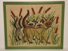 Vintage  1970's  Framed Crewel  3 Siamese Cats w/Grass &  Bulrushes