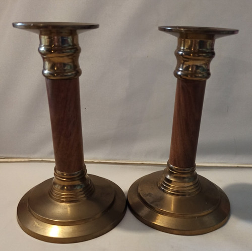 Vintage pair brass and wood - pair,