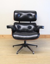Eames Style Black Genuine Leather Lounge Chair / Armchair & Stool