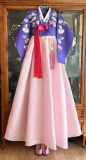 Size M Korean Traditional Hanbok Dress- Purple Silk Embroidered Top & Pink Skirt