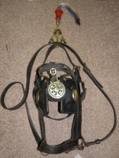 Antique Black Leather Shire Horse Driving Harness Bridle W/Brass Terrets & Bit