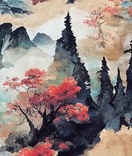 Japanese Autumn Landscape Velvet Printed Fabric Mountains Scenic Upholstery